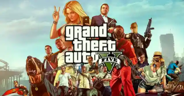 GTA 5 key art with Michael, Franklin, Trevor and Chop in Los Santos